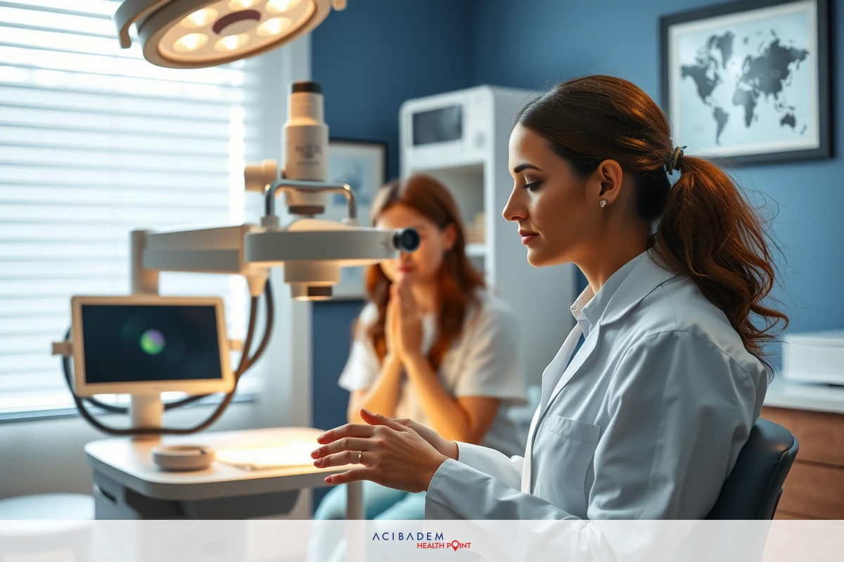 Two women, one a doctor, discussing a patient's eye health under examination lighting in a clean, professional environment.