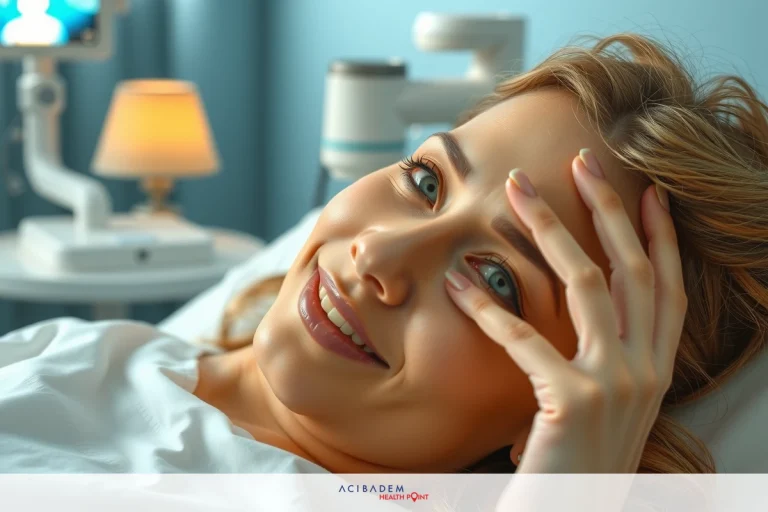 The image shows a woman in a hospital setting, lying on a bed with medical equipment around. She appears to be engaged in a conversation or perhaps being interviewed, as she is smiling and her hands are placed near her face, possibly gesturing during speech.
