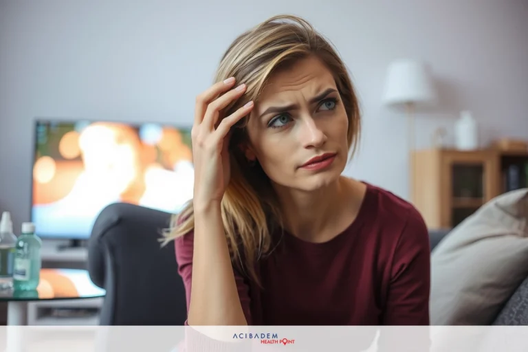 What Happens When Eyes Get Dry After LASIK A young woman with light-colored hair, wearing a red top, is seated on a couch. She appears to be in a state of distress or confusion as she clutches her head with both hands, looking away from the camera and down towards her lap.