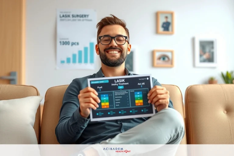 What Is Average Cost for LASIK Eye Surgery With Astigmatism The image shows a young man in a casual setting, holding up what appears to be a financial report or dashboard. He has a friendly demeanor with a slight smile and is looking directly at the camera. The background suggests a modern indoor environment with contemporary furniture.
