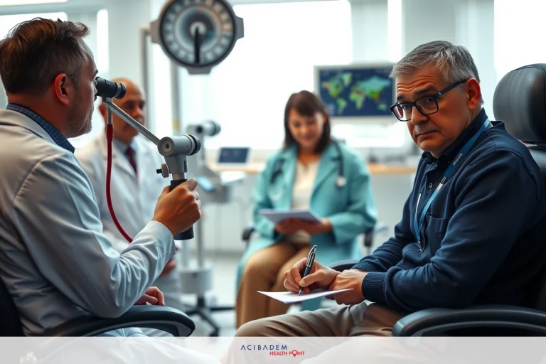 What is Done in LASIK Eye Evaluation The image shows a medical setting with various individuals. There is a person seated, likely undergoing examination or treatment. Another individual is standing nearby, possibly providing assistance. The environment suggests this could be a dental office given the chair and equipment visible. The focus of the scene is on professional interaction and healthcare.
