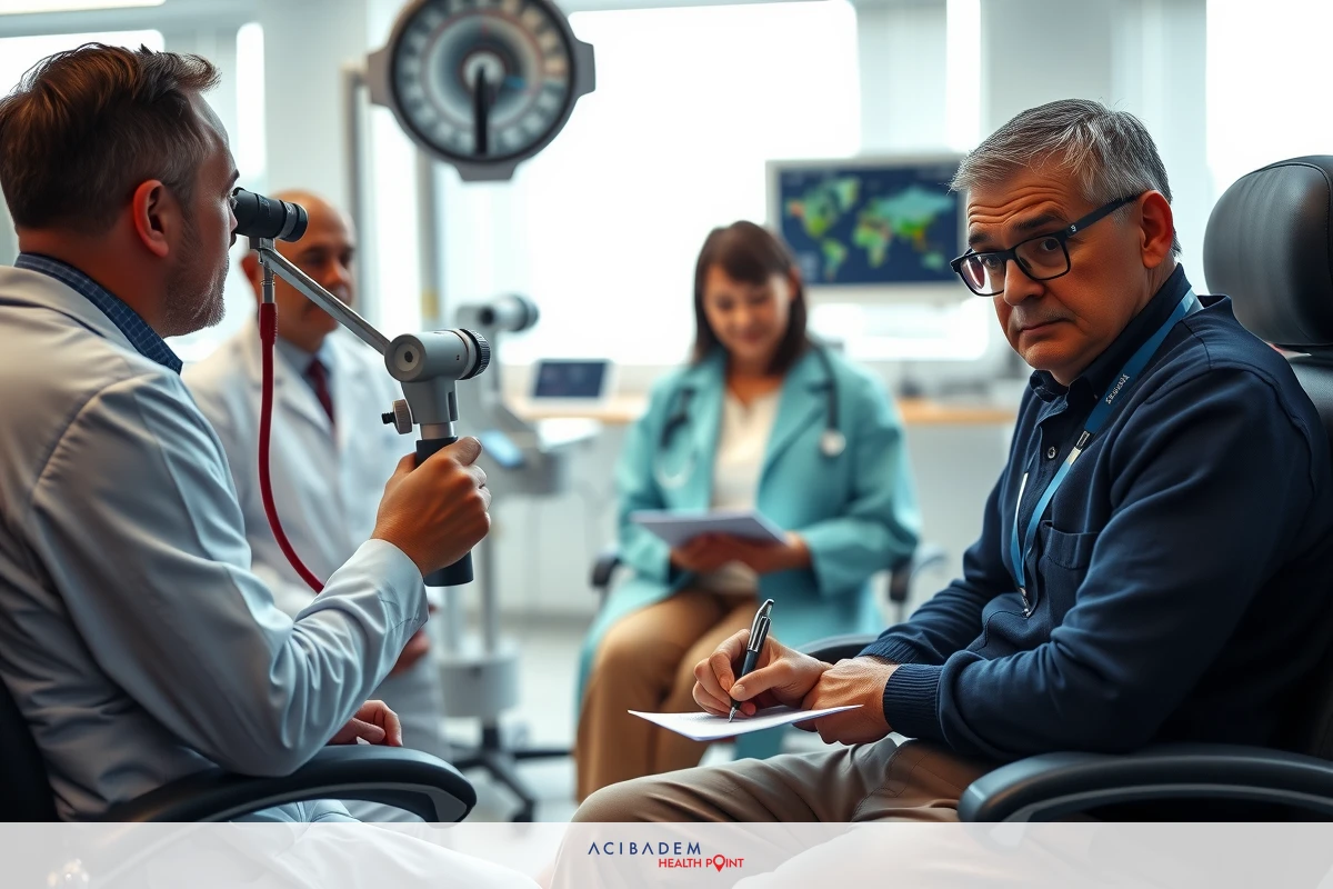 The image shows a medical setting with various individuals. There is a person seated, likely undergoing examination or treatment. Another individual is standing nearby, possibly providing assistance. The environment suggests this could be a dental office given the chair and equipment visible. The focus of the scene is on professional interaction and healthcare.
