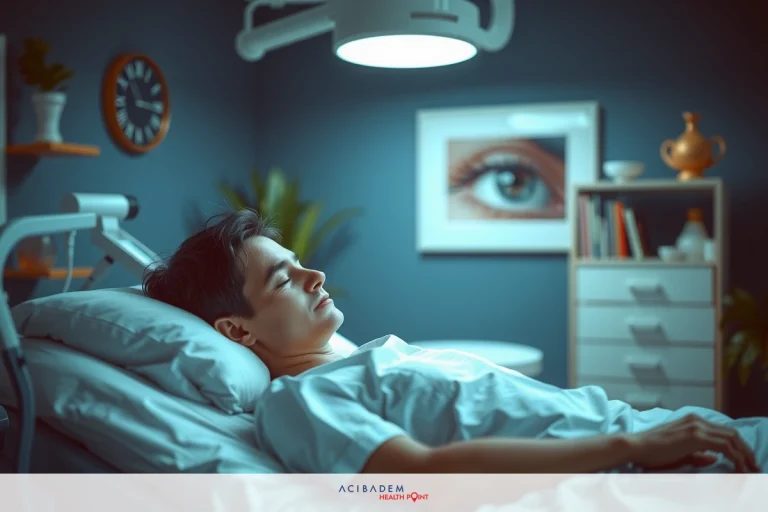 What Is LASIK Eye Operation The image shows a young person lying in a hospital bed with their eyes closed, as if sleeping or resting. The environment suggests a medical setting with clinical lighting and equipment around the bed.