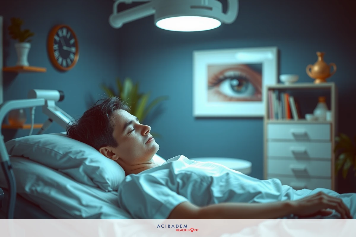 The image shows a young person lying in a hospital bed with their eyes closed, as if sleeping or resting. The environment suggests a medical setting with clinical lighting and equipment around the bed.