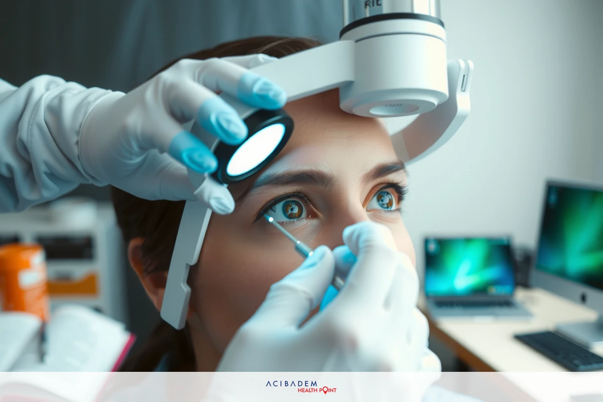 A professional setting, likely a clinic or lab. A female patient is seated while being examined by an optician. The environment has modern tech devices like monitors and laptops suggesting a technologically advanced facility.