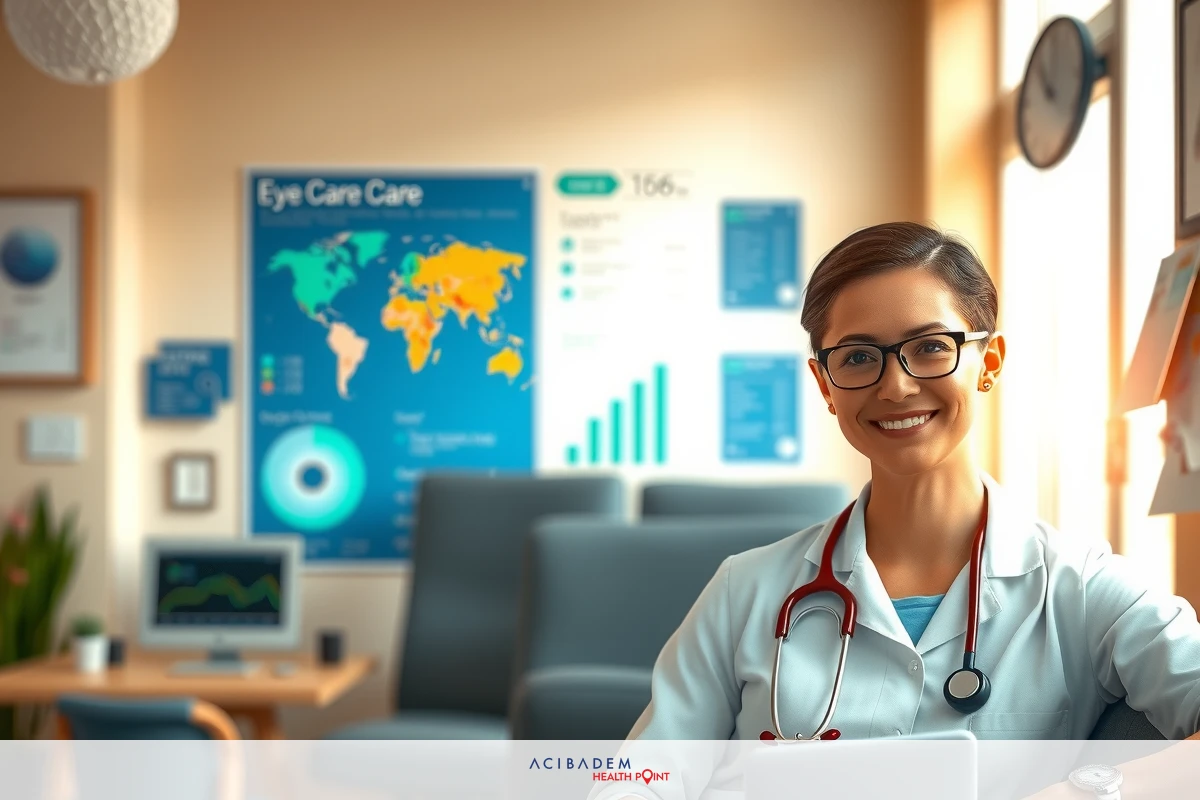 The image shows a professional medical office with a woman doctor. The setting is bright and clean, designed to look modern and patient-friendly. She is wearing glasses and has a smile on her face, indicating she might be engaged in a pleasant interaction with her patient or colleague.