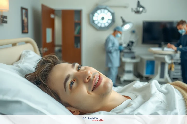 A young man smiling and lying in a hospital bed. There are medical professionals standing at the foot of the bed, dressed in sterilized surgical attire.