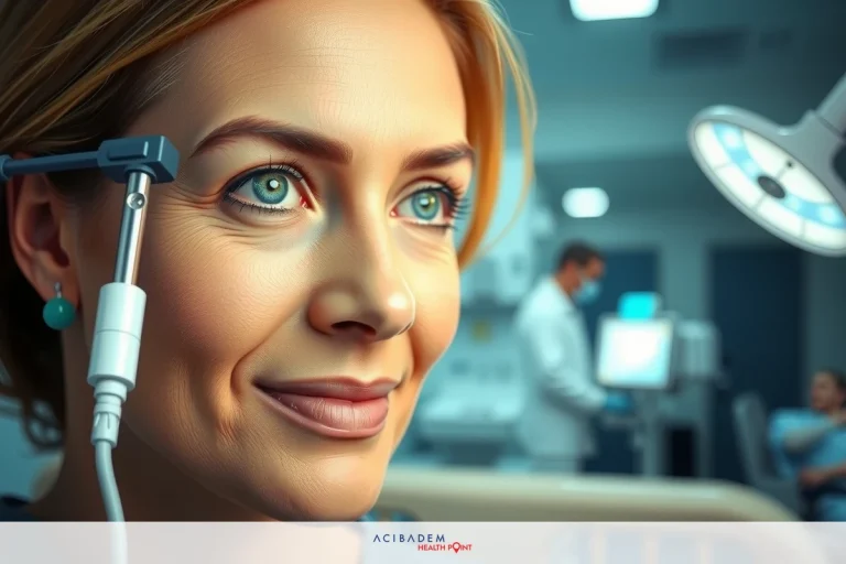 What is the Recovery Time of LASIK Eye Surgery? The image shows a woman in a medical setting, likely a hospital or clinic. The woman's expression seems calm and focused, indicating a serious but controlled environment.
