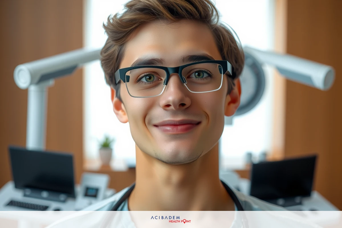 The image features a young man wearing glasses, a white lab coat, and smiling at the camera. It appears to be a modern eye exam or medical office setting. There is professional equipment, including an eye care device, visible in the room.