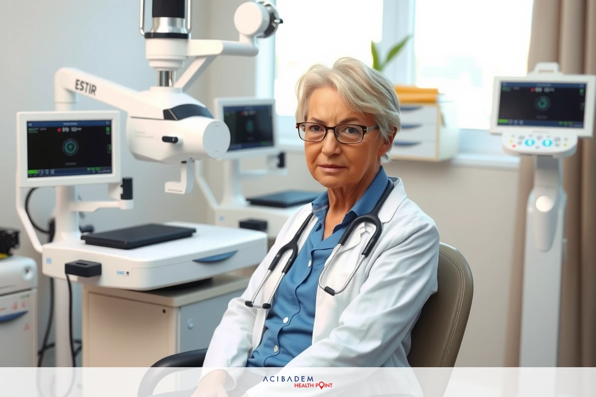 A female medical professional in a doctor's coat, with a stethoscope around her neck, sitting at a desk with various medical equipment. The environment suggests a clinical setting.