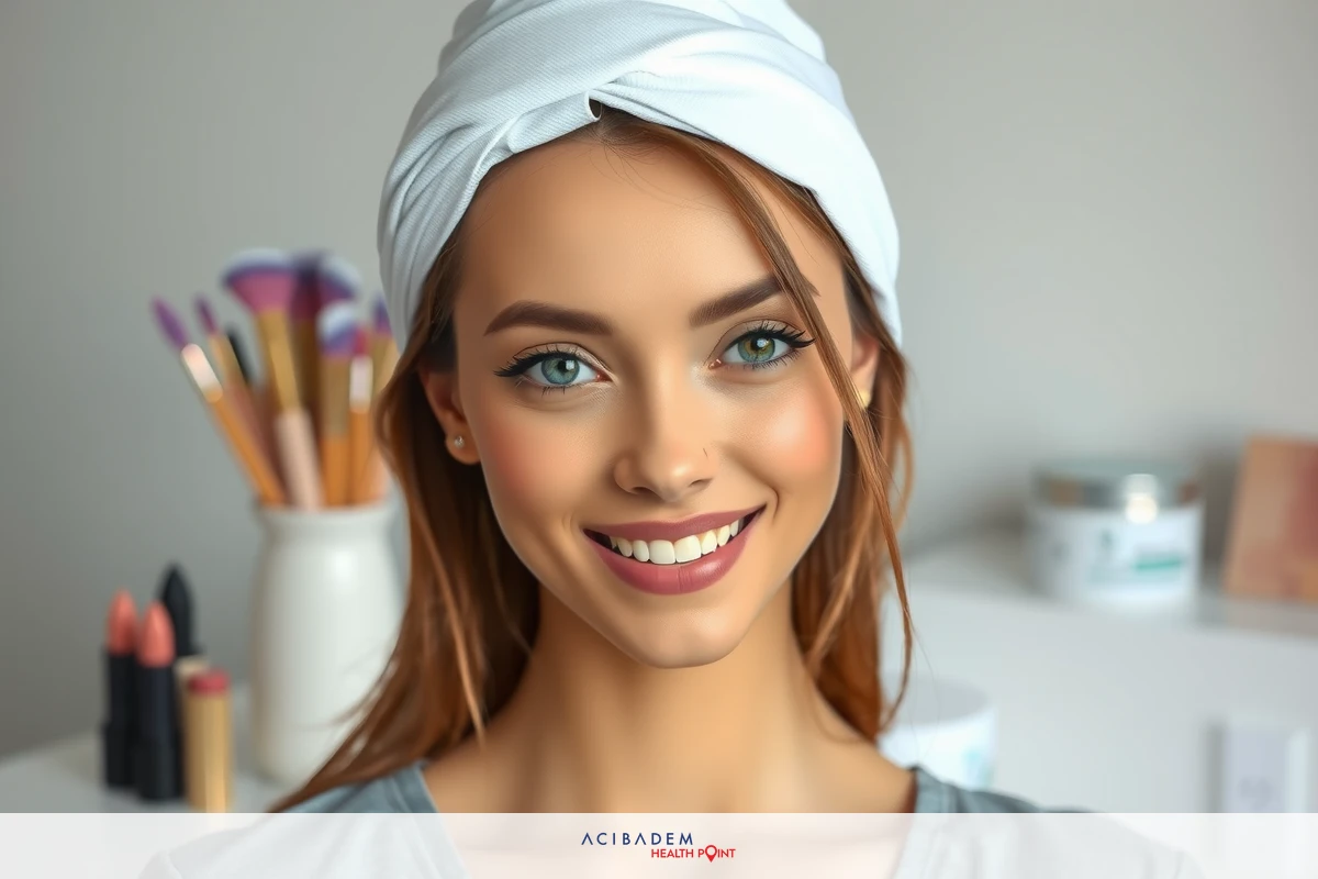 The image features a woman with a radiant smile, showcasing her teeth. She has rosy cheeks and is wearing a pink lipstick. Behind her is a well-lit workspace with various cosmetic products and art supplies, suggesting she might be in the middle of a beauty routine or creative project.