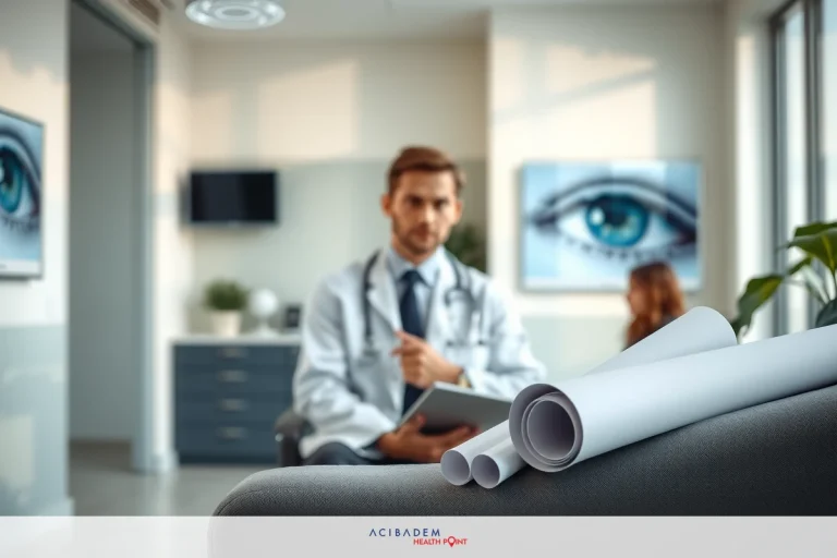 The image depicts a professional office setting with a male doctor dressed in a white lab coat and tie, seated behind a desk. In front of him is a young female patient or client seated on the other side of the desk. The room features a modern aesthetic with white walls, large windows allowing natural light to enter, a TV mounted on the wall displaying medical information or possibly an advertisement, and architectural blueprints spread out in front of them on the floor.