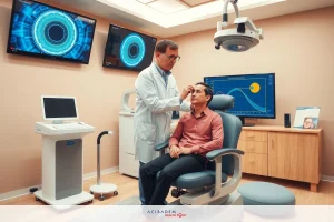 The image depicts an eye exam room. There are two people in the scene: one sitting in an eye exam chair, presumably receiving care, and another standing next to her, presumably an eye doctor performing the procedure.