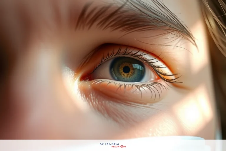 A close-up of a person's eye, showcasing the iris with shades of green and hazel. The focus is on the delicate structure of the eyelashes and pupil, set against an out-of-focus background that suggests a natural or medical context.