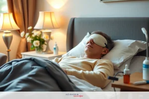 The image shows a man lying in a hospital bed, wearing an eye mask and being monitored with medical equipment. He is under medical care, possibly due to illness or injury.