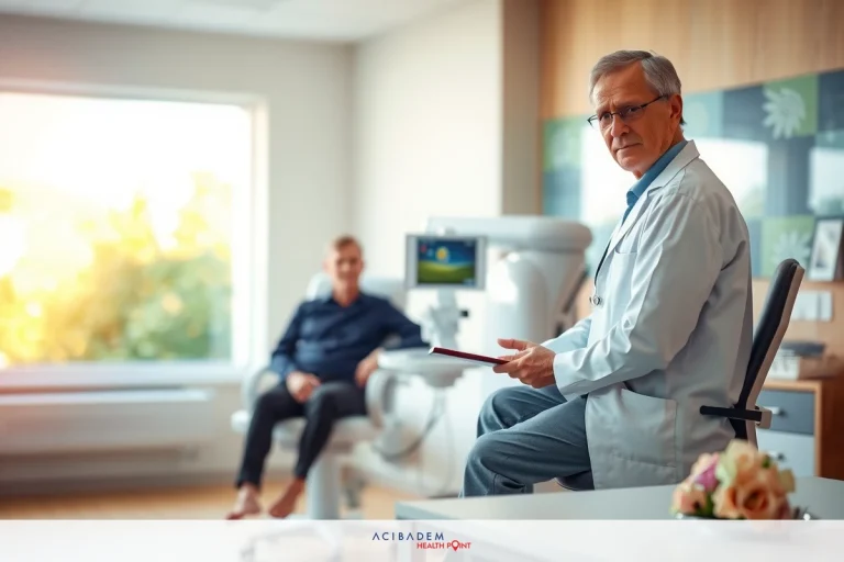 The image depicts an indoor medical setting with two people. One person is seated on a medical chair, appearing to be receiving care from the other individual who is standing and appears to be providing assistance or treatment. The environment includes modern equipment typical of a medical practice, such as a digital x-ray machine. Both individuals are dressed in professional attire appropriate for medical professionals, suggesting that this could be an office of a doctor.