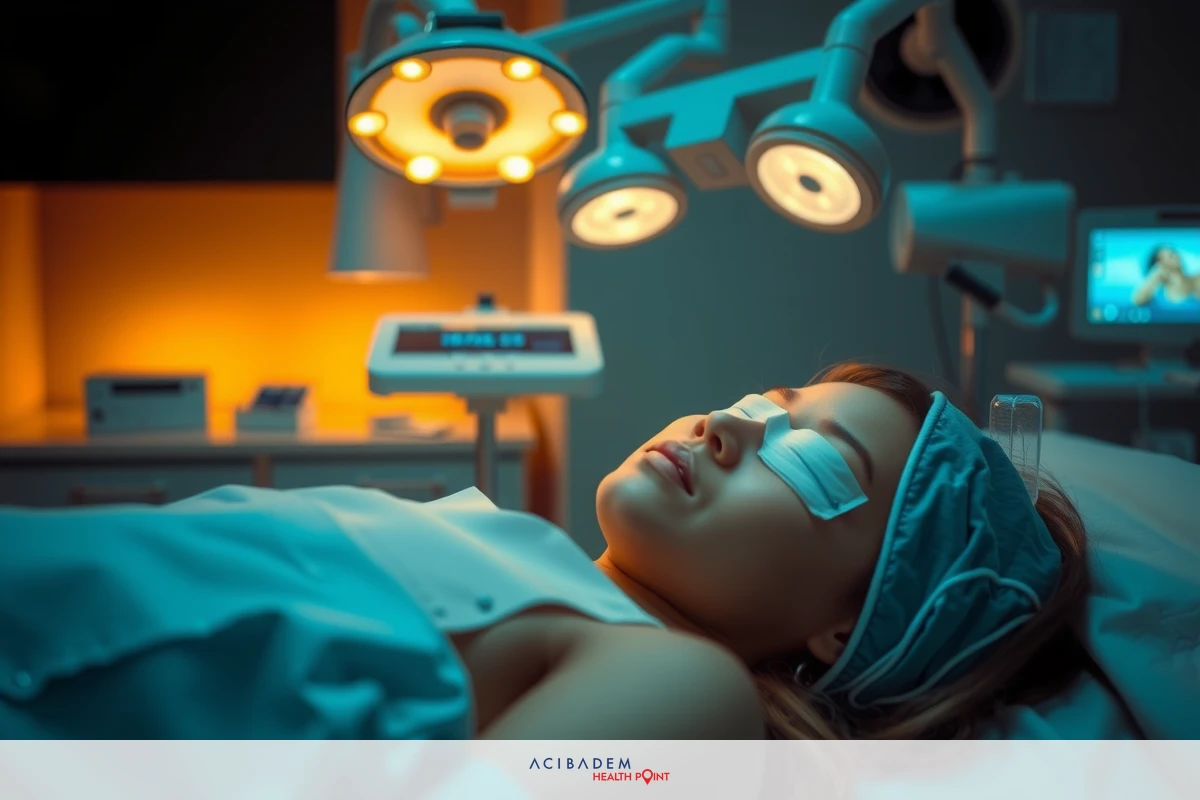 The image shows a woman lying in a hospital bed, wearing a surgical mask. She is looking towards the camera with her eyes closed, suggesting she might be under sedation or sleeping after a medical procedure. The room has clinical lighting and medical equipment such as an ECG monitor and an IV drip, indicating that this is a healthcare setting.