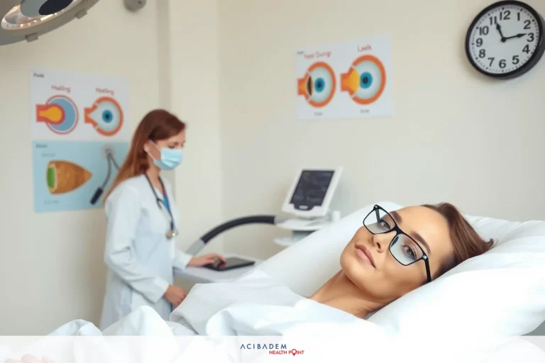Why Do They Put Eye Shields After a LASIK Surgery A medical examination room. A doctor is performing a check-up on an examination table. The patient is lying down with her head elevated by pillows. There are posters of human eyes and anatomical illustrations on the wall. A clock is visible in the background.