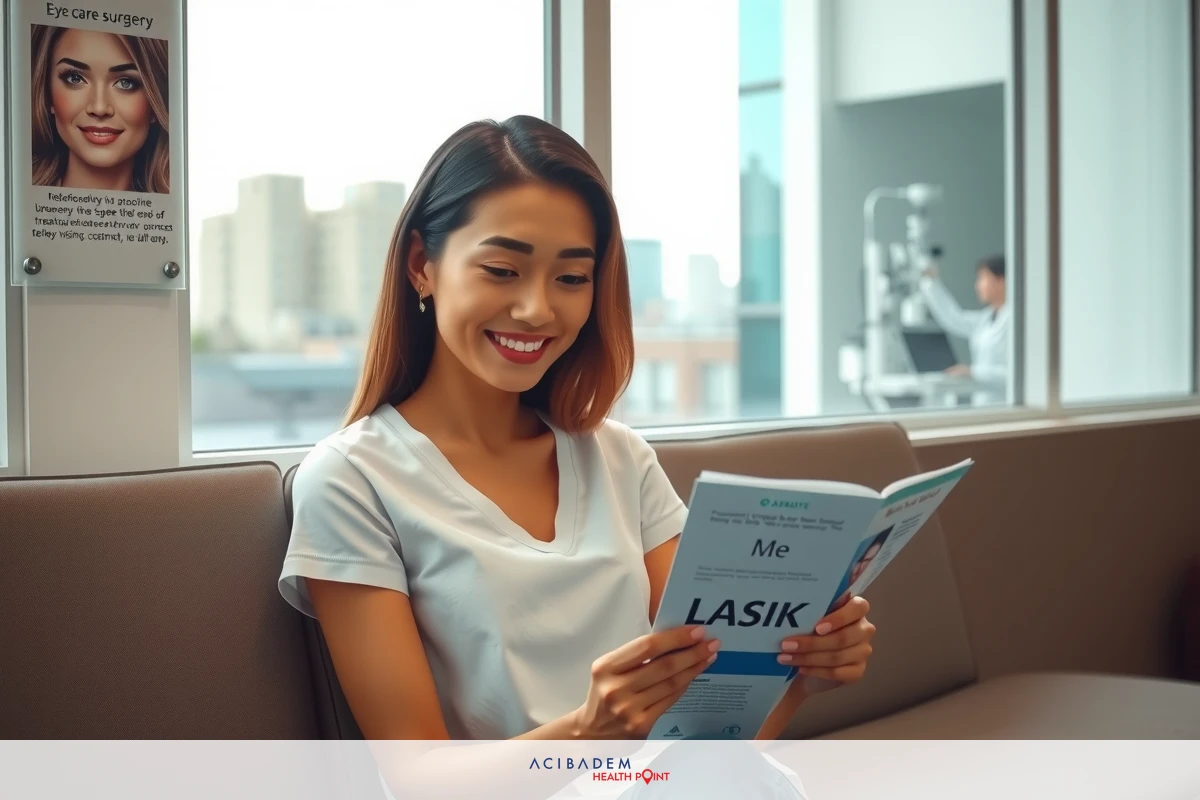 A woman seated on a couch, reading an informational pamphlet titled 'Lasik' in a modern waiting room. She is smiling and appears engaged with the content of the brochure. The room has large windows, suggesting it might be located near water or in a building with such views. The color scheme is neutral, with shades of white, gray, and blue dominating the environment.
