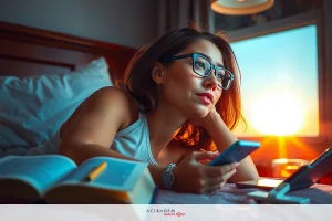 A woman in her bedroom, looking at a laptop with a thoughtful expression. Surrounded by various devices such as a smartphone and a laptop, implying a multitasking or work from home scenario.