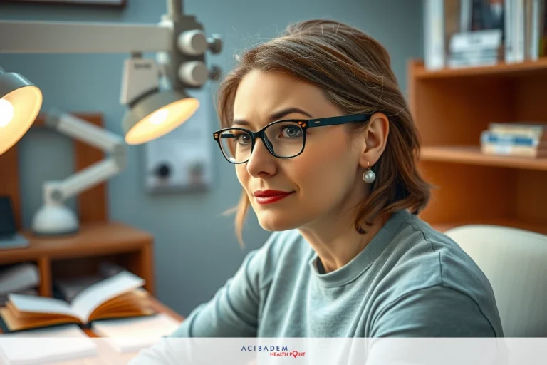 A woman sitting at a desk with a computer, papers and books around her. She is wearing glasses and appears focused on something off-frame. The office setting suggests she might be working or studying.
