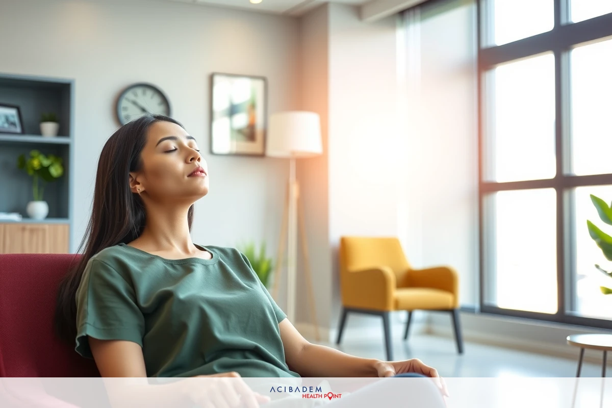 A woman is sitting in a modern office space, appearing relaxed. She has her eyes closed and seems to be taking a nap or practicing mindfulness. The room is well-lit with natural light coming through the windows, creating a serene atmosphere.