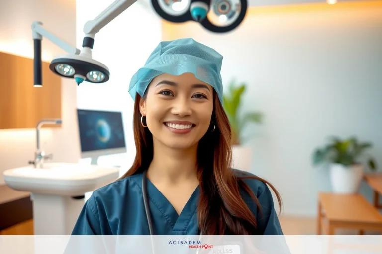 A female dental surgeon with a smile, wearing surgical attire and a face mask. She is in an office setting with modern equipment behind her.