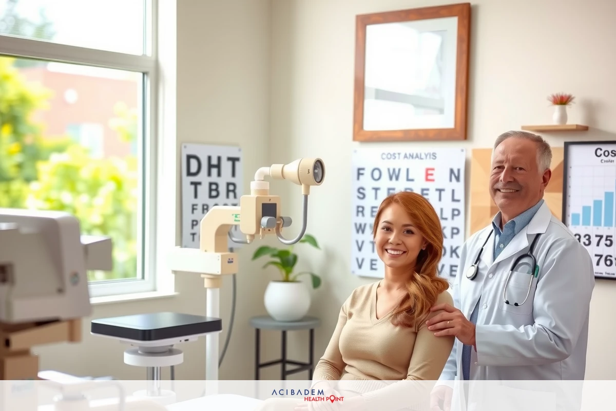 The image depicts an indoor setting, likely a doctor's office or a healthcare clinic. In the center of the frame, there is a woman who appears to be a patient. To her left stands a man, possibly a medical professional, wearing a white lab coat. The background shows typical healthcare equipment such as an eye chart hanging on the wall and additional medical supplies. The atmosphere suggests a routine patient examination or consultation.