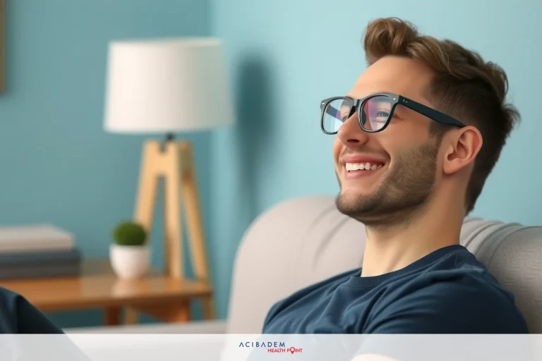 How Much is LASIK Eye Surgery Near Indiana? The image depicts a young man sitting on a couch in a living room. He is wearing glasses and has a slight smile on his face, suggesting he's having a pleasant conversation or viewing a video. The living room has blue walls with white trim, and there are decorative items such as a potted plant and books visible in the background.