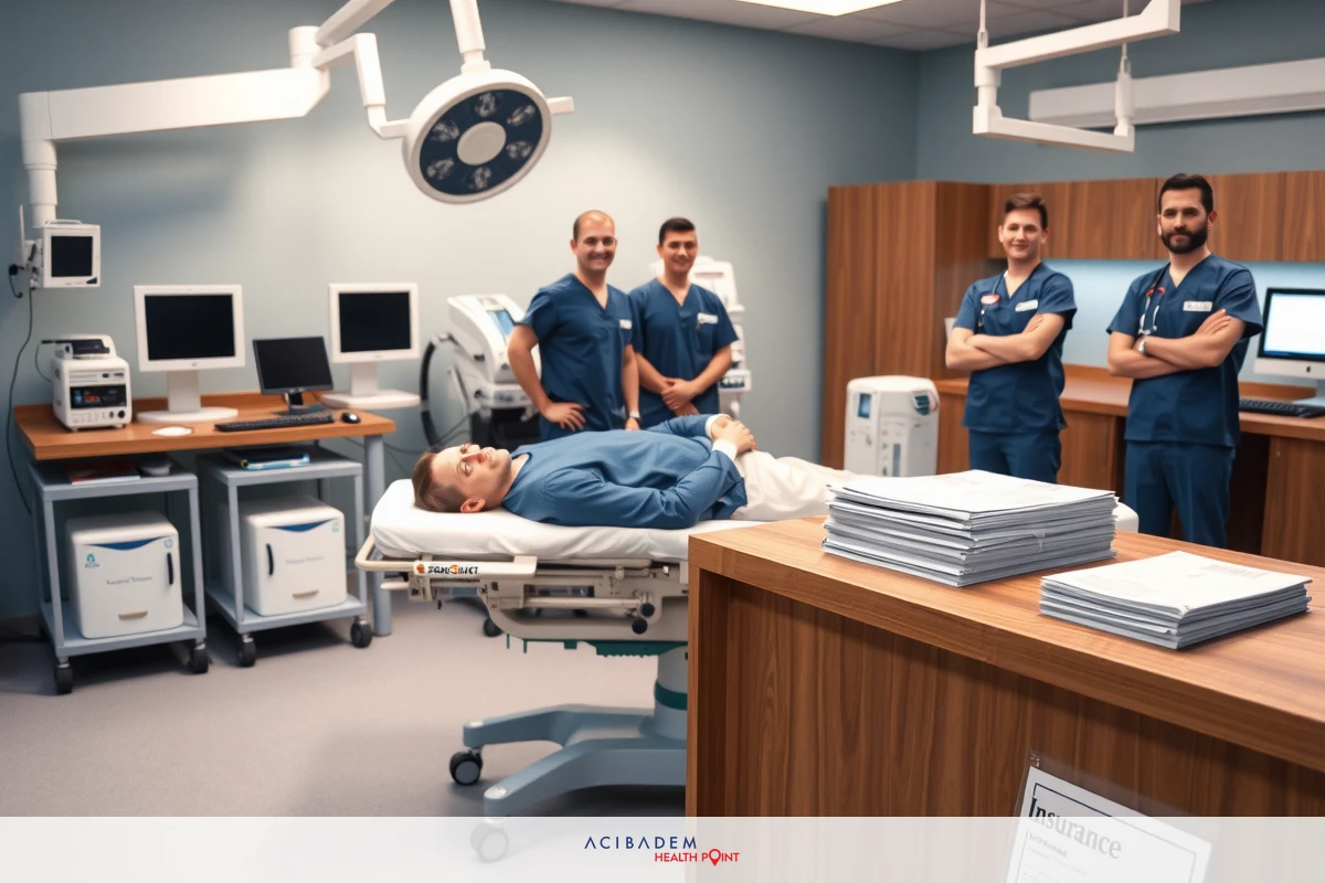 In the image, a patient is lying on a hospital bed in an operating room. There are at least four medical professionals standing around him, all wearing surgical attire and focused on their task. The environment is sterile with medical equipment such as monitors and surgical instruments visible.