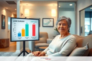 A female professional in a well-lit office, seated and smiling at the camera. She is wearing a light top and is situated near a presentation screen showing colorful bar graphs. Her environment is modern with sleek furnishings.