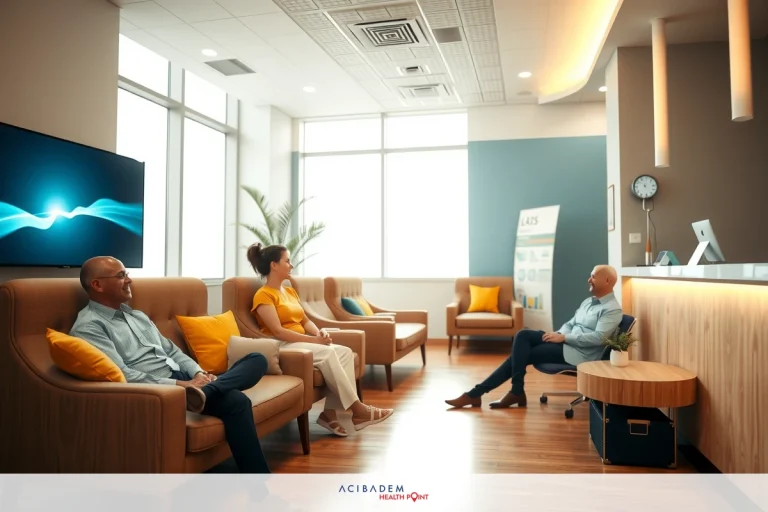 The image depicts a modern office waiting area. There are three individuals seated, engaged in conversation with each other. The room is furnished with contemporary chairs and lounge areas, and the walls have large screens displaying a digital presentation. The overall atmosphere suggests a professional environment, perhaps within a corporate setting.