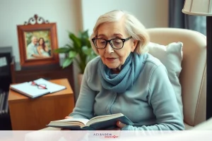 The image features an elderly woman engrossed in reading a book. She is sitting comfortably on a couch, wearing glasses and a cozy blue sweater. The room appears warm and inviting with soft lighting and a bookshelf filled with various books in the background. The atmosphere suggests a quiet afternoon spent enjoying a good read.
