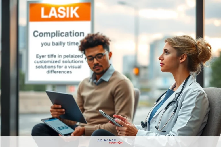 The image shows a man and a woman sitting in what appears to be an office or clinic setting, both are looking at tablets. The man is wearing a suit while the woman is dressed in a white coat, suggesting she may be a doctor or healthcare professional. On the wall behind them, there's a sign that reads 'LASIK', which implies they might be discussing laser eye surgery options.