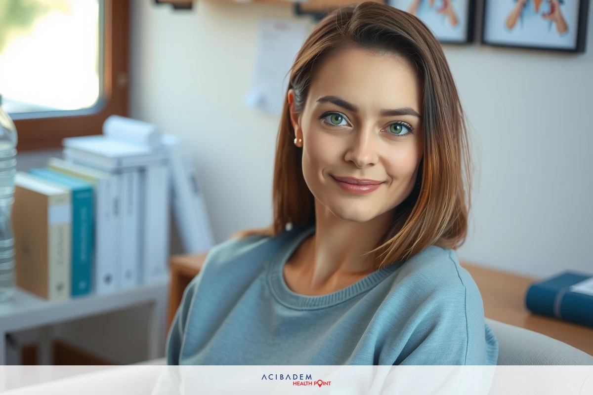 A smiling, middle-aged woman sitting in an office chair with a desk and shelves behind her. She's wearing a casual light blue top against a white wall background.