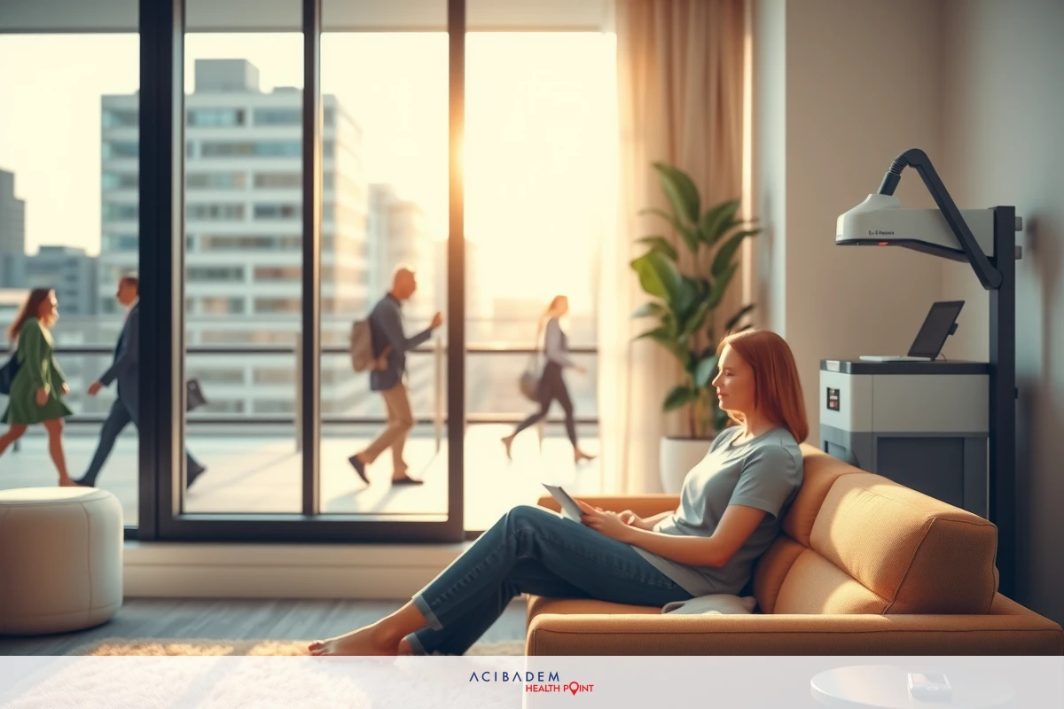 The image shows a woman relaxing on a couch in a modern living room with large windows. The scene is bathed in natural sunlight, suggesting it might be early morning or afternoon. She appears to be reading a book or using her tablet while enjoying the view of people walking by outside, indicating a peaceful and comfortable indoor setting.