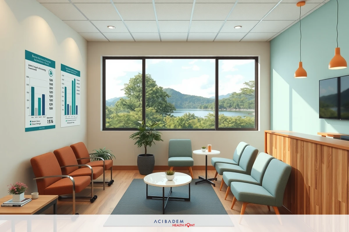 A spacious, modern office reception area with a large window offering a beautiful view of nature outside. The room is furnished with comfortable seating including couches and chairs around a coffee table, providing a welcoming environment for visitors.