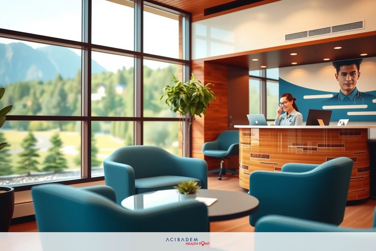 The image depicts a modern, well-lit office space with large windows offering a view of mountains. The room features blue furniture and decor, giving it a contemporary feel. There is a reception area with a person seated at the desk, engaging in an activity on a laptop.