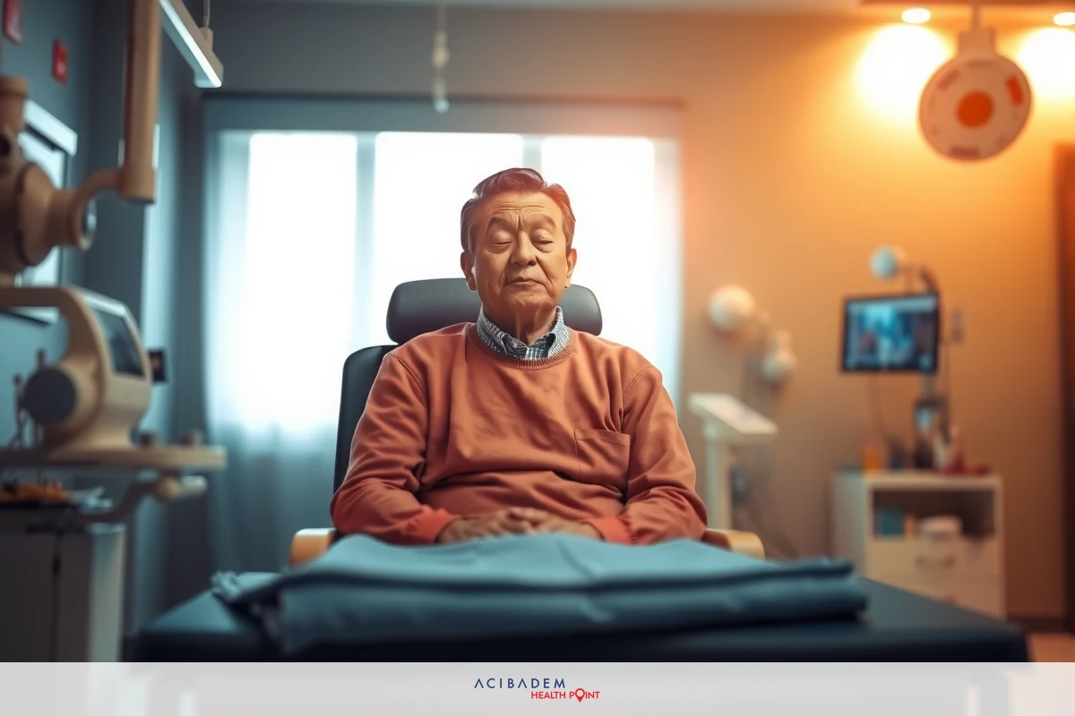The image depicts a person in a hospital setting. The individual appears to be an older adult, seated on a bed within the hospital room. They are wearing medical scrubs and have a peaceful expression on their face. The environment suggests a clinical interior with medical equipment visible around the room. The lighting is soft, indicative of an indoor setting during daylight hours.