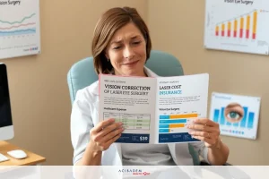 A woman in a professional setting, holding and reading brochures with graphs and statistics, suggesting she is analyzing or comparing data related to vision care or health insurance.