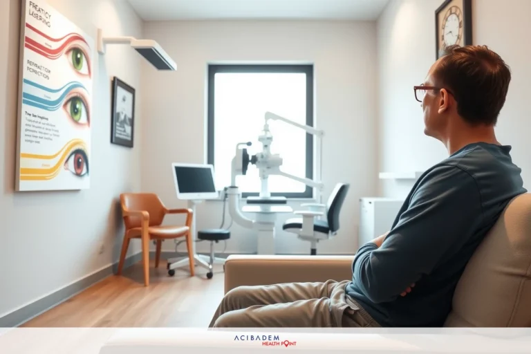 An office environment with a man sitting in a waiting room chair, wearing glasses and looking forward. The room includes modern furniture like a desk with a computer monitor, another chair, and has colorful posters on the wall.