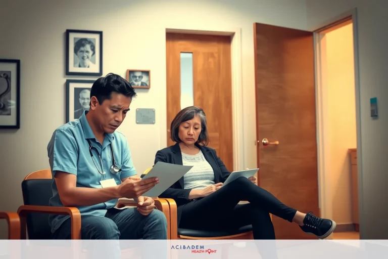 Two individuals seated in a clinical setting, one dressed in medical attire. They are engaged in reading or reviewing documents.