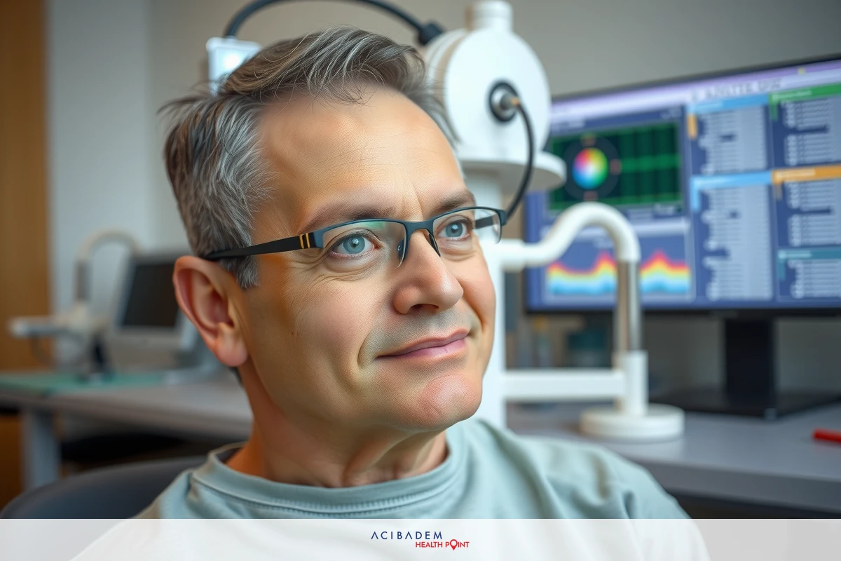 A man in a lab environment, wearing glasses and sitting at a workstation with medical equipment. The man is facing the camera and appears to be focused on something out of frame. There's technology around him indicating it could be a healthcare or research setting.
