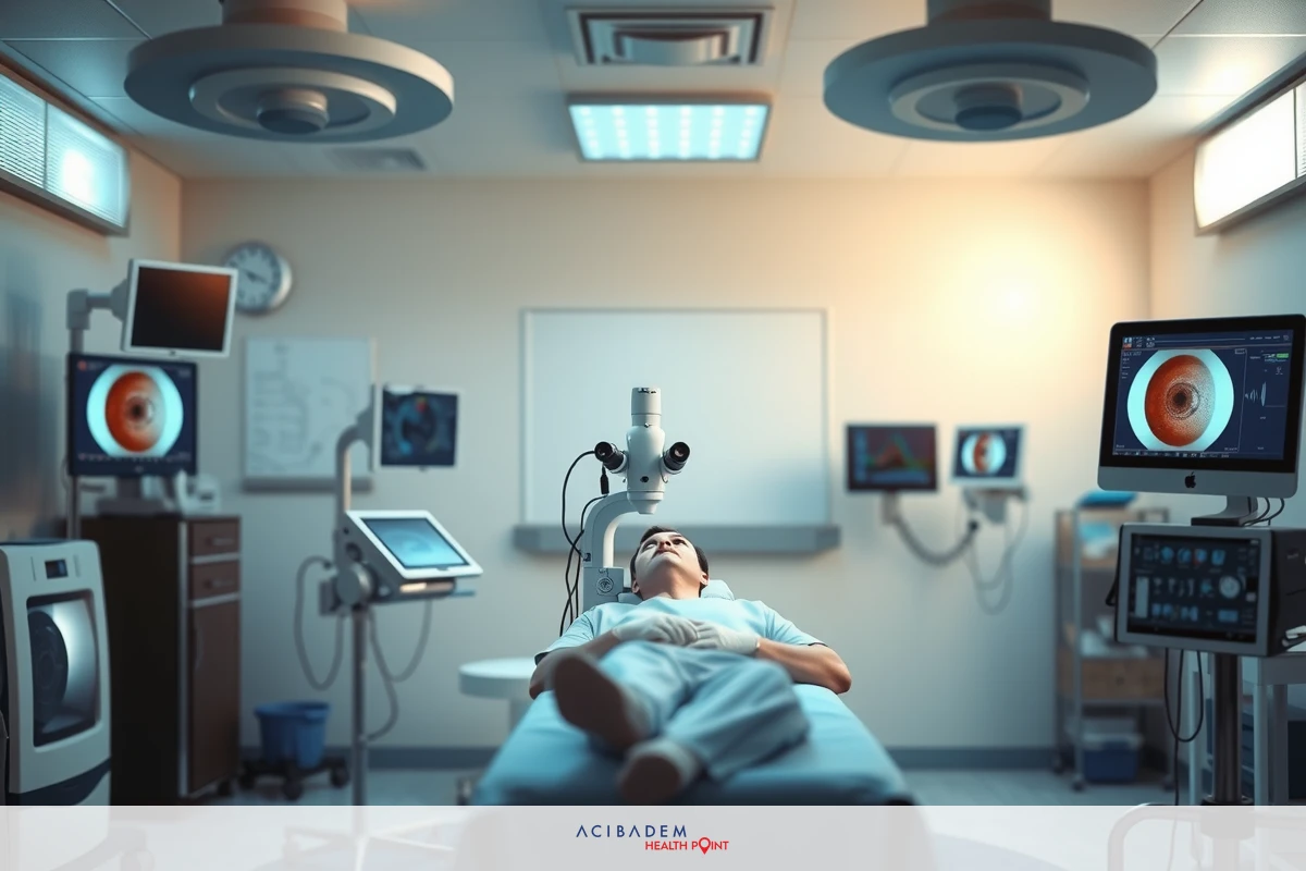 A medical image showing a patient on a hospital bed, surrounded by healthcare equipment like monitors and machines. The environment suggests an operating or intensive care room in a modern hospital setting.