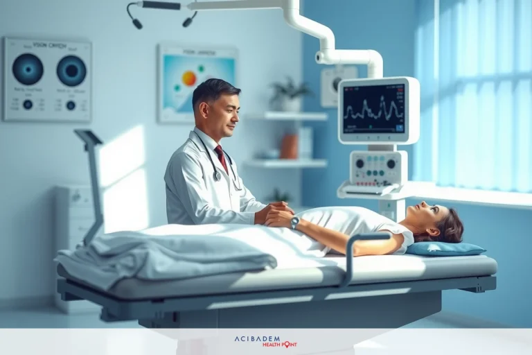 In a well-lit medical setting, a doctor in professional attire is seen examining a patient who is lying down on a hospital bed. The environment suggests a modern healthcare facility with equipment typically used for monitoring patients.