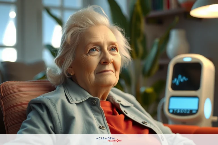 The image features an elderly woman with white hair seated comfortably on a couch. She is wearing a denim shirt and red top, giving off a relaxed vibe.