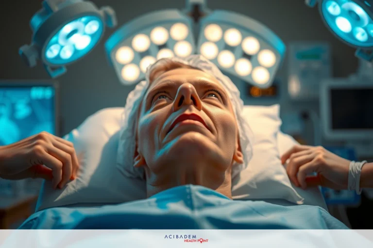 The image shows an elderly woman lying on a hospital bed, hooked up to medical equipment. She is under bright lights and appears to be receiving medical attention or treatment.