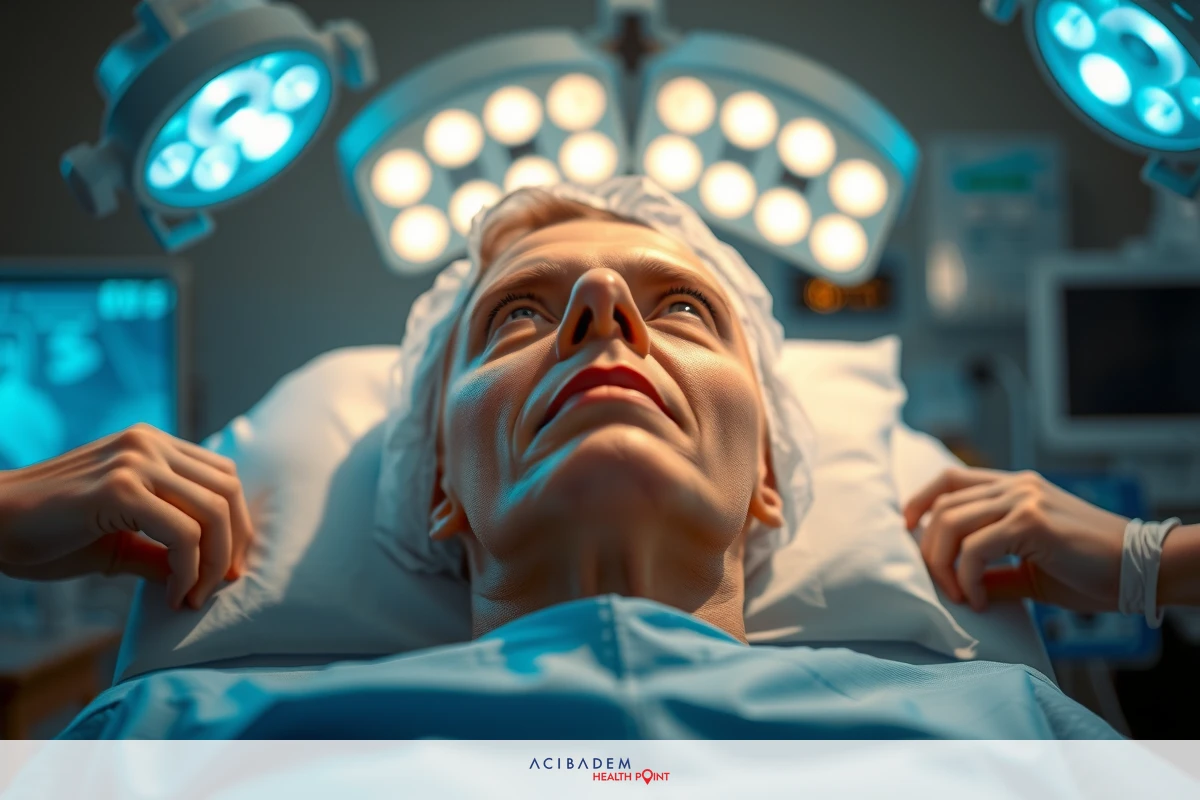 The image shows an elderly woman lying on a hospital bed, hooked up to medical equipment. She is under bright lights and appears to be receiving medical attention or treatment.
