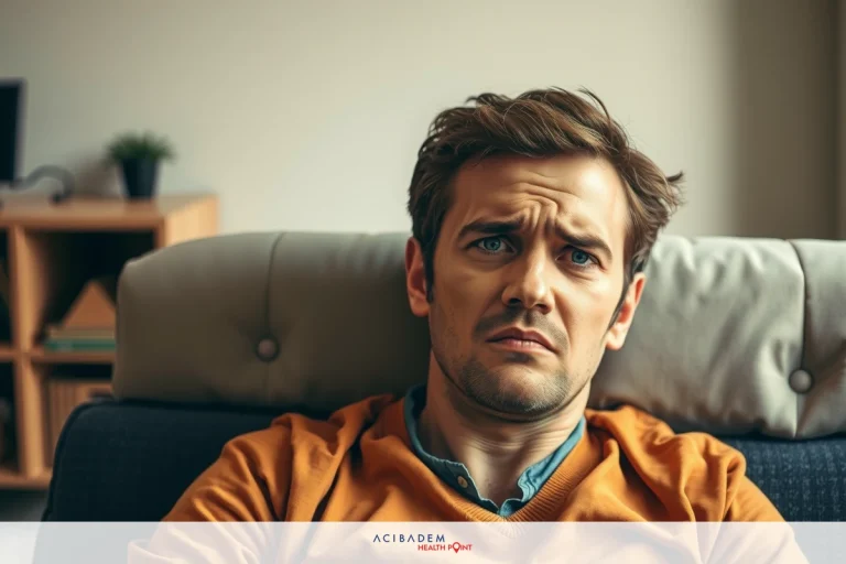 Man in an orange shirt looking confused while sitting on a couch. The room has neutral tones and is filled with furniture, suggesting a living area.