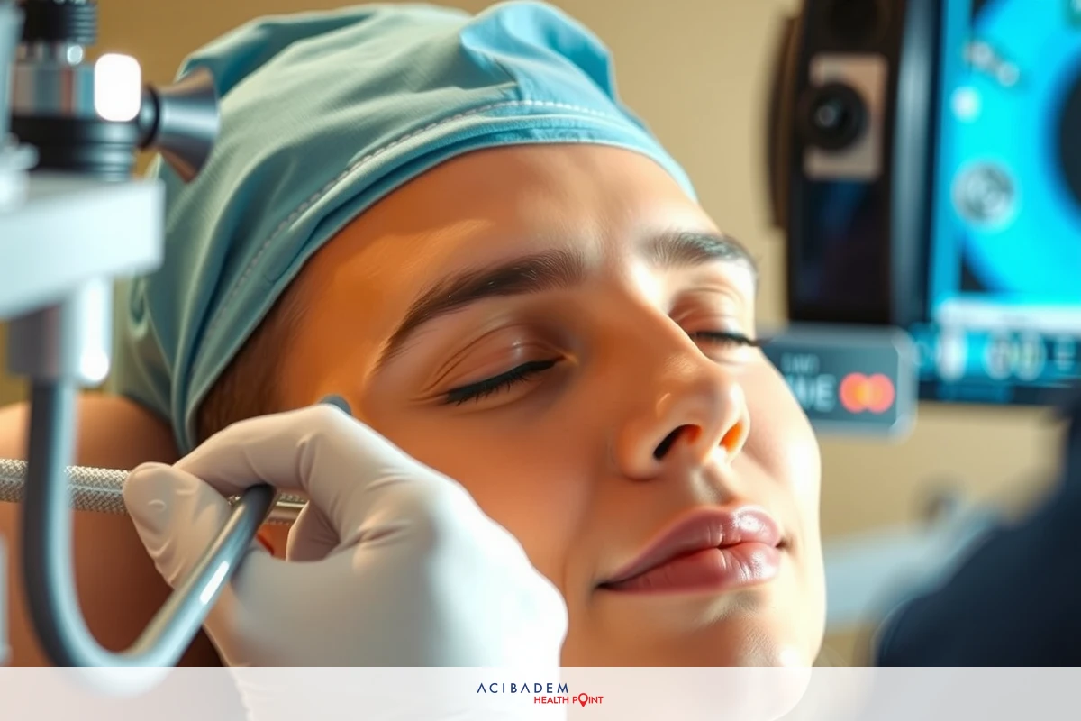 The image shows a medical setting where cosmetic surgery is taking place. A person with closed eyes is lying down, likely undergoing procedures such as eyelid surgery or facial reconstruction.